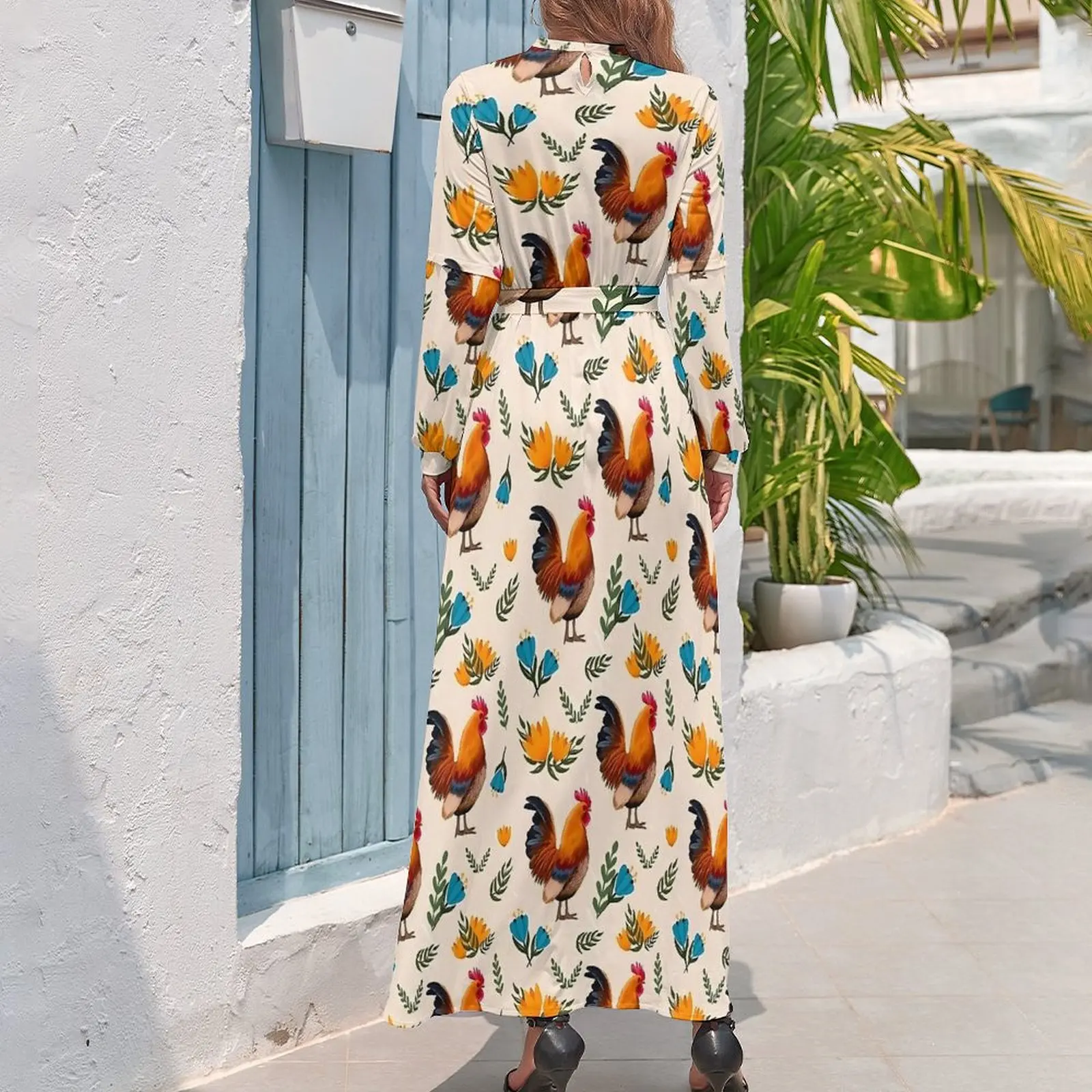 Folk Art Chickens Dress Florla Print Street Wear Beach Dresses Woman Long Sleeve High Neck Sexy Long Maxi Dress