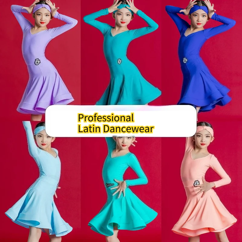 

Latin Dance Dress Long Sleeve Ballroom Competition Training Wear Dance Costume Split Unitard with Skirt Salsa Practice Outfit