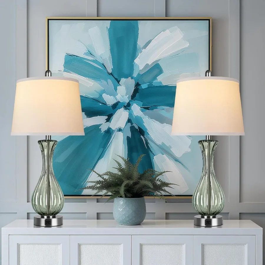 مجموعة مصابيح طاولة زجاجية ساحلية مقاس 27.5 بوصة مكونة من 2 مصباح شاطئ قابل للتعتيم بثلاثة اتجاهات للتحكم باللمس بالكامل مع منفذ USB A + C بجانب السرير البحري الزجاجي L #6