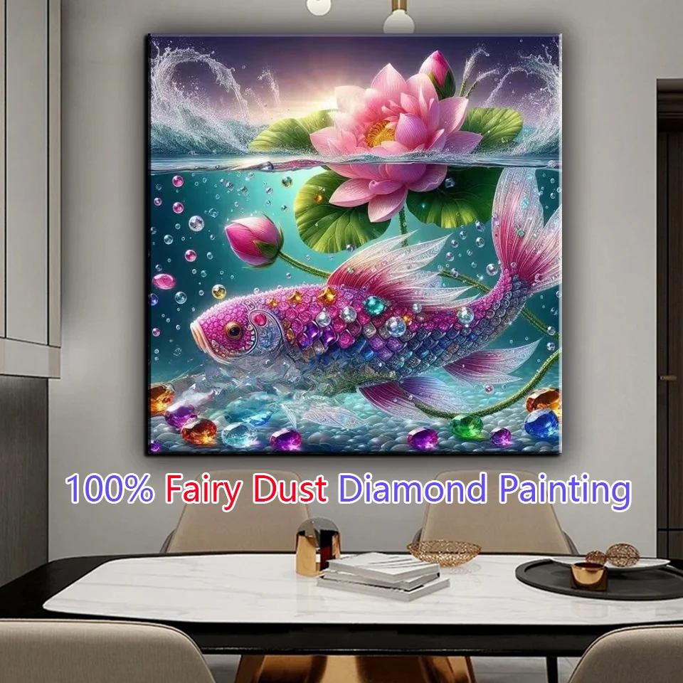 

DIY Water Koi Fish Lotus Flowers AB Diamond Painting Kit Fairy Dust Resin Diamond Drill Embroidery Handmade Mosaic Wall Art