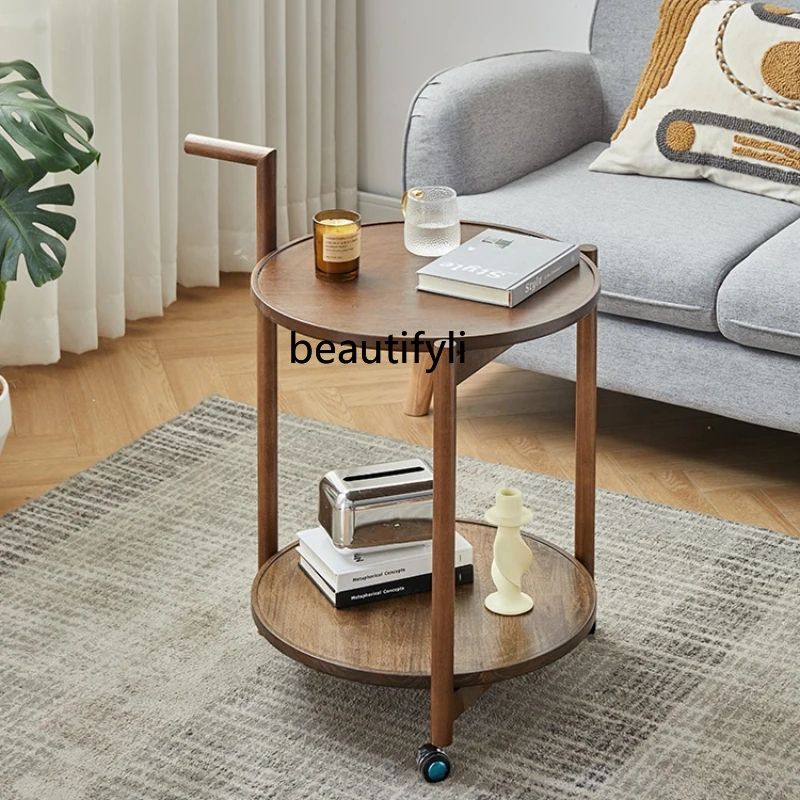 Pulley Household Solid Wood Side Table Double-Layer Cart Corner Table Homestay Hotel Movable Coffee Table Sofa