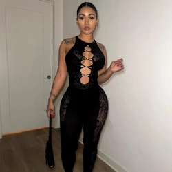 Mono largo de punto negro para mujer, mono transparente de una pieza, ropa Vintage, traje Rave para mujer