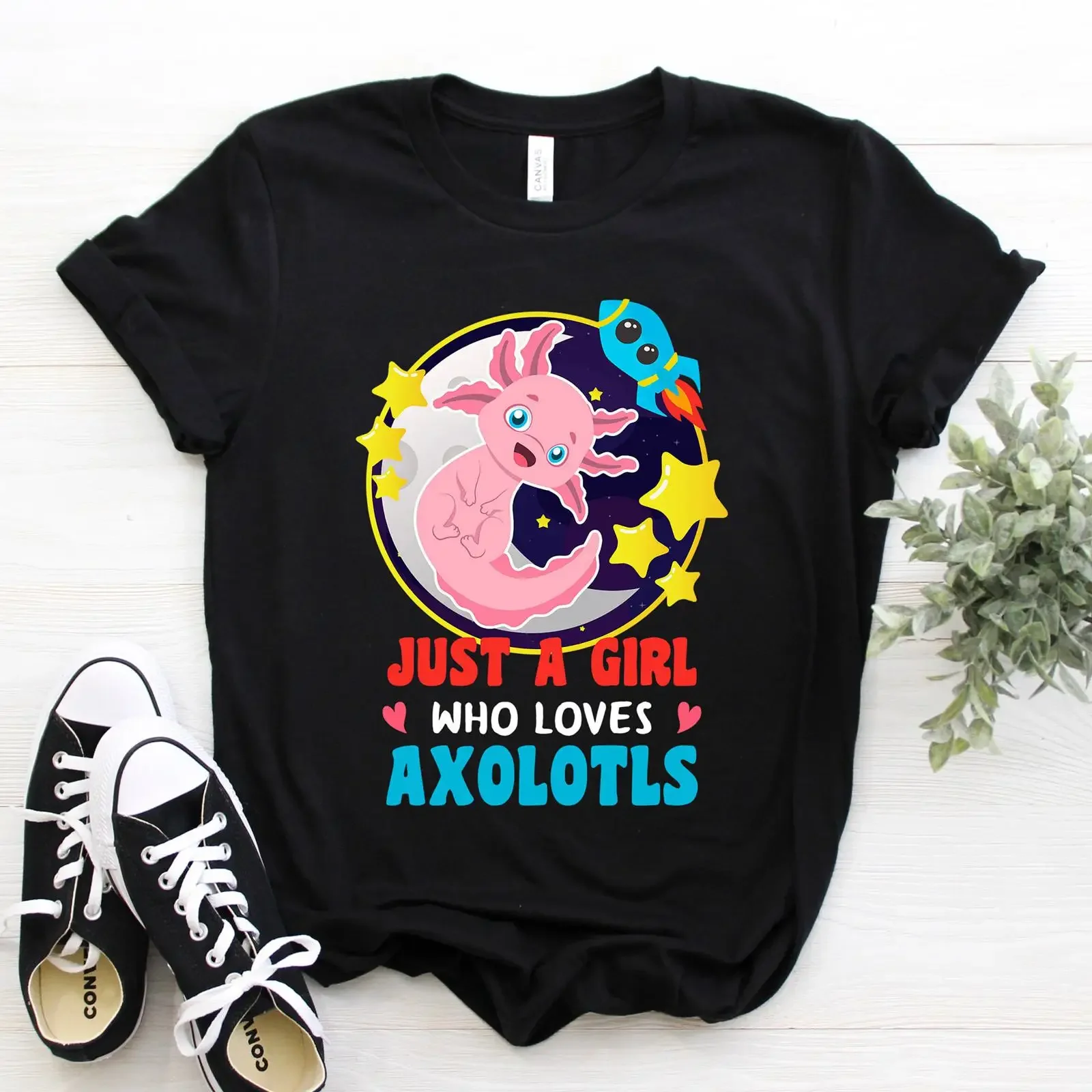Just A Girl Who Loves Axolotls Cute Space Themed Pink Axolotl T Shirt Funny Mexican Salamander Lover  vintage Washed