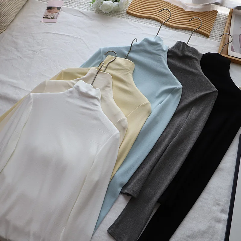 المرأة عالية الياقة Fce اصطف طويل Sve قاعدة irt الأزرق ملابس داخلية تي شيرت لون نقي الدافئة التخسيس الأعلى الكورية Sle #1