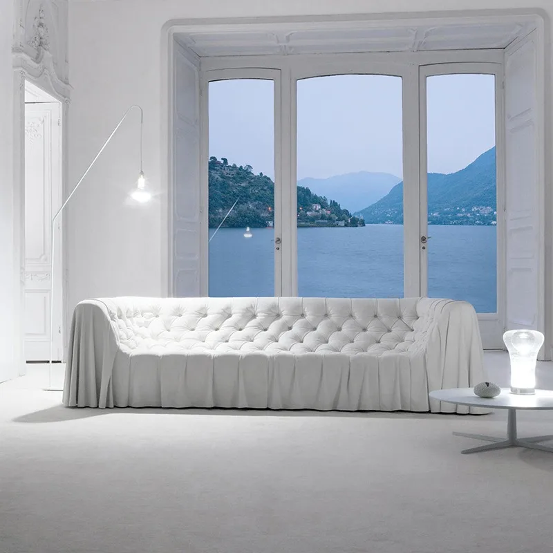 Minimalist designer light luxury pull buckle imported matte leather luxury large flat leather sofa