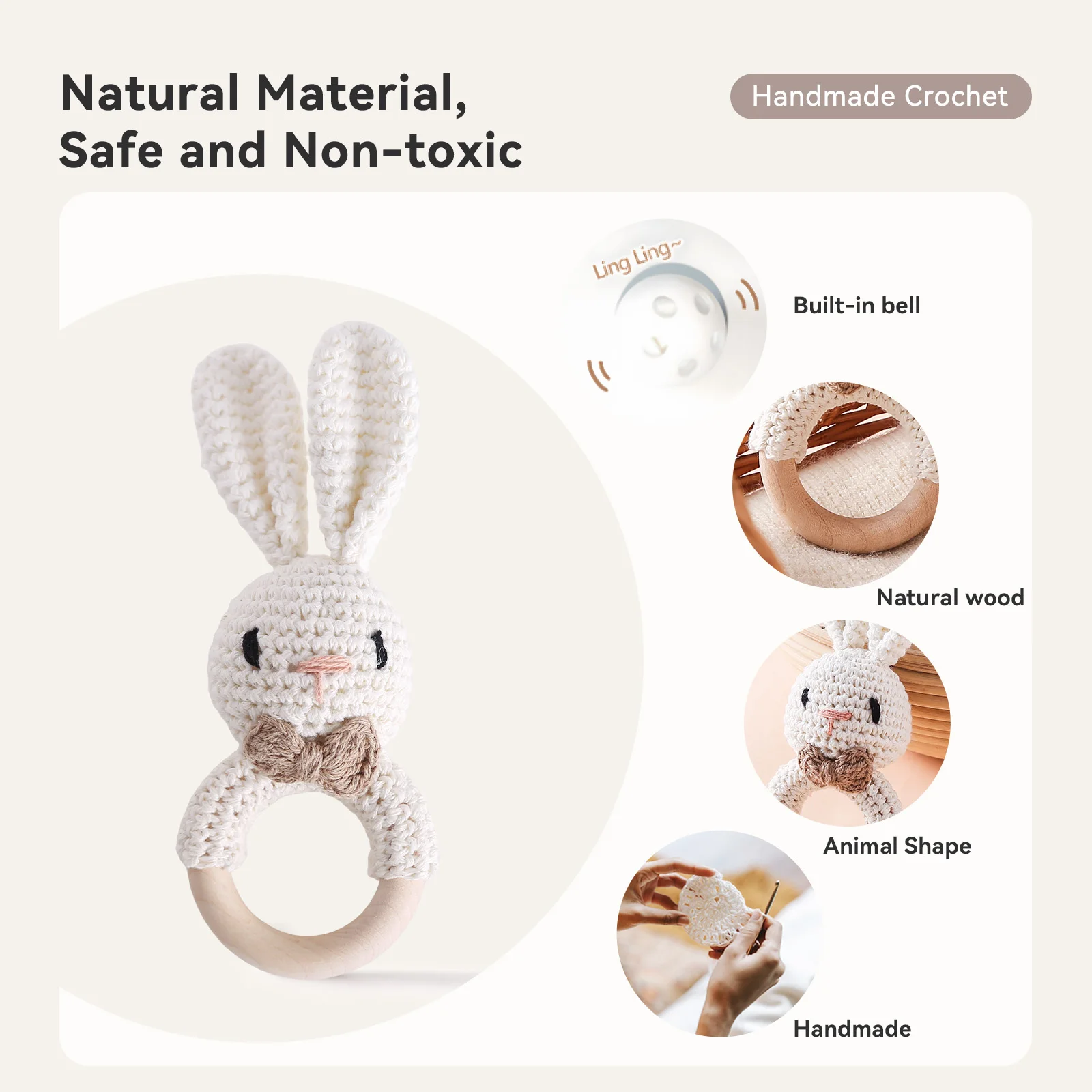 Baby Crochet Rabbit Wooden Ring Ringing Bell Newborn Mobile Rattle Teeth Grinding Toy Toddler Soother Bracelet Children‘s Gifts