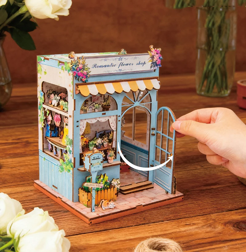 DIY Wooden Miniature Model Kit Romantic Flower Casa Blue Room 3D Puzzle Doll Houses With Furniture for Friends Birthday Gifts