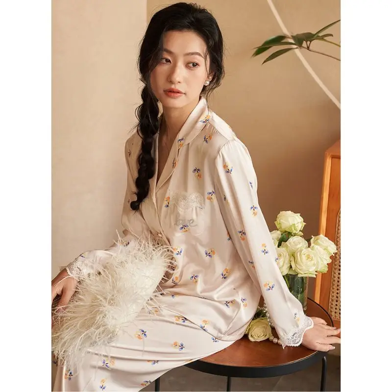 Womens Silk Satin Pajamas Set Loungewear Long Sleeve Tops and Trousers Hot Diamond Homewear Sleepwear For Women Pijamas Mujer