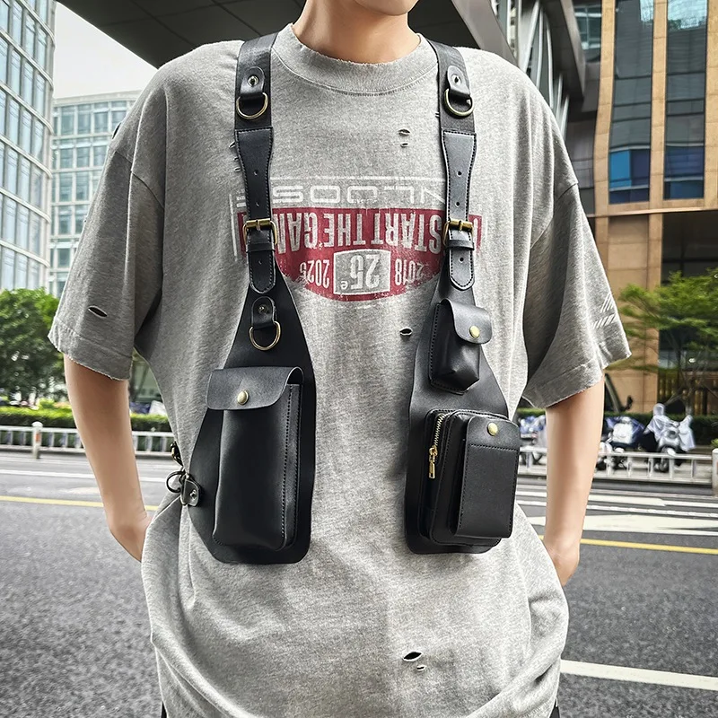 

Retro Tactical Vest Bag Men Streetwear PU Shoulder Bag Steampunk Bicycle Motorcycle Portable Mobile Phone Tool Bag for Outdoor