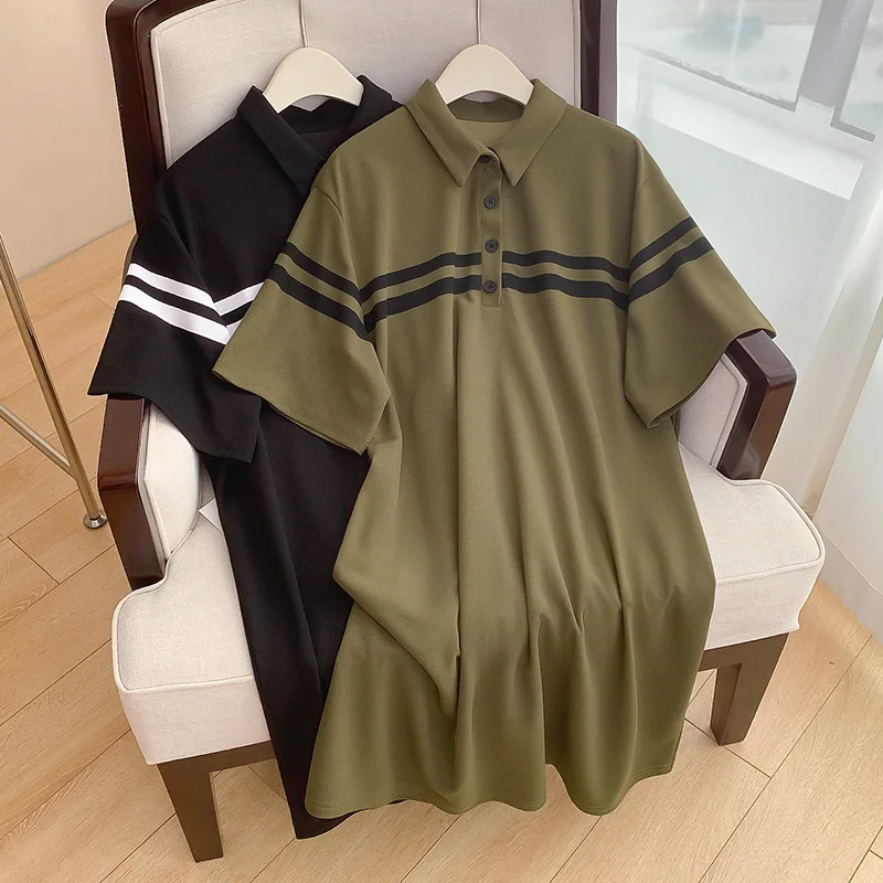 160Kg Plus Size Women\'s Bust 160 Summer Loose POLO Neck Dress Black Camel 6XL 7XL 8XL 9XL 10XL