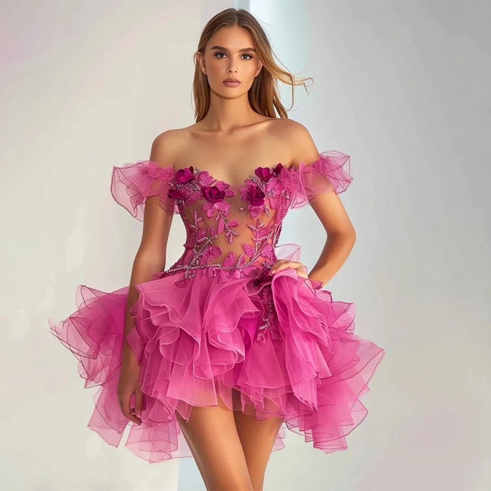 

High Quality Customized V-neck Above Knee Off Shoulder Sleeveless Appliques Tulle Pleat Vestidos Para Bodas Mujer Invitada فستان