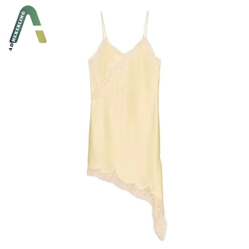 فستان نسائي موضة 2026 من الدانتيل غير المتماثل فستان كاجوال نحيف بياقة على شكل V بدون أكمام فساتين متوسطة الطول باللون الأسود #3