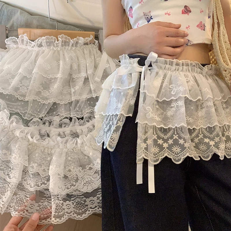 5Styles Korean Lace Irregular Skirt Curtain White Flowers Lace Mesh Halfbody Skirt Women Summer Bottoms Jeans Decorative Hemline