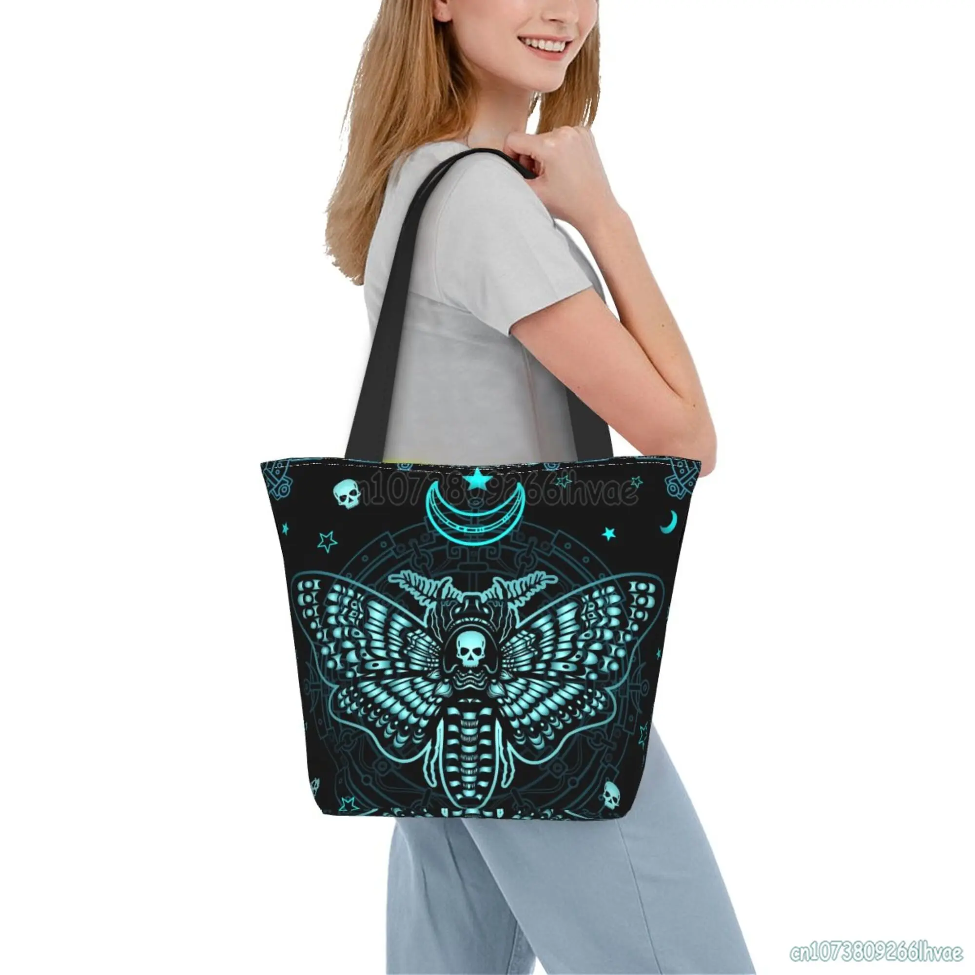 Black Skull Moth Storage Handbag Extra Large Canvas Beach Travel Reusable Grocery Shopping Tote Bag Unisex Portable Shoulder Bag