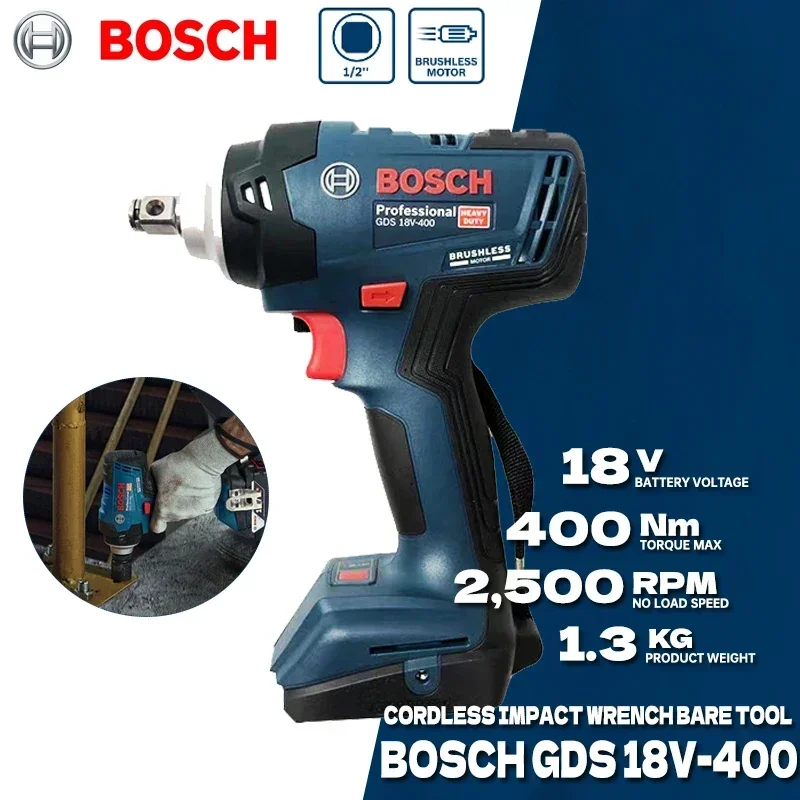 BOSCH GDS18V-400 Cordless Impact Wrench Bare Tool 18V 400Nm Brushless High Torque Electric Wrench Power Tools GDS 18V-400