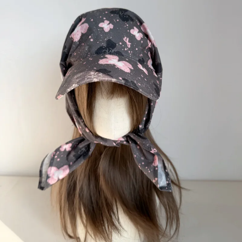 Floral Print 2-in-1 Baseball Cap with Scarf for Women Y2K Aesthetic Streetwear Headwear Adjustable Tie Back Sun Hat