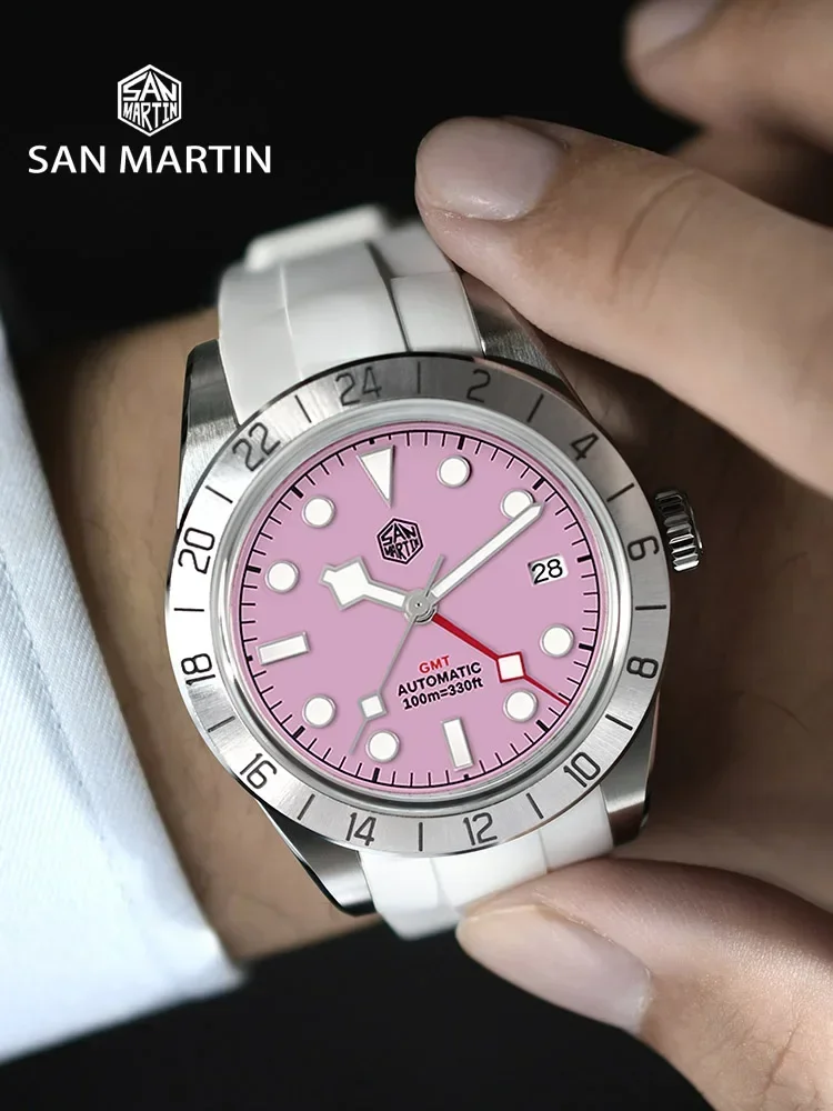 San Martin SN0054 Pink Dial BB GMT NH34 39mm Classic Luxury Business Men Watch Automatic Mechanical Sapphire Waterproof Relojes