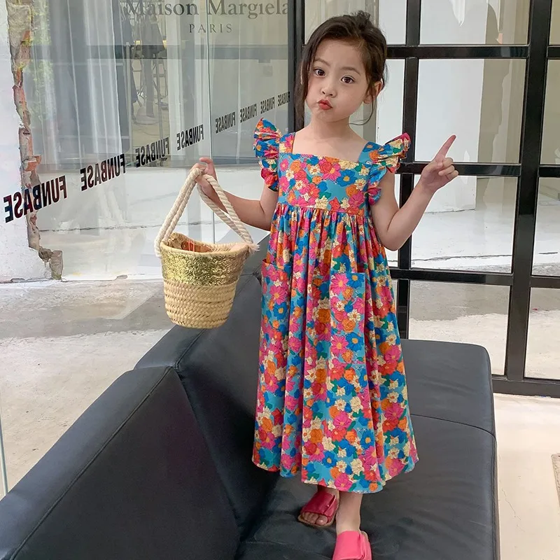 Summer Baby Girl’s Dress Children Clothing Ruffles Square Neck Fly Sleeve Flower Print A-line Knee Length Sweet Princess Dress