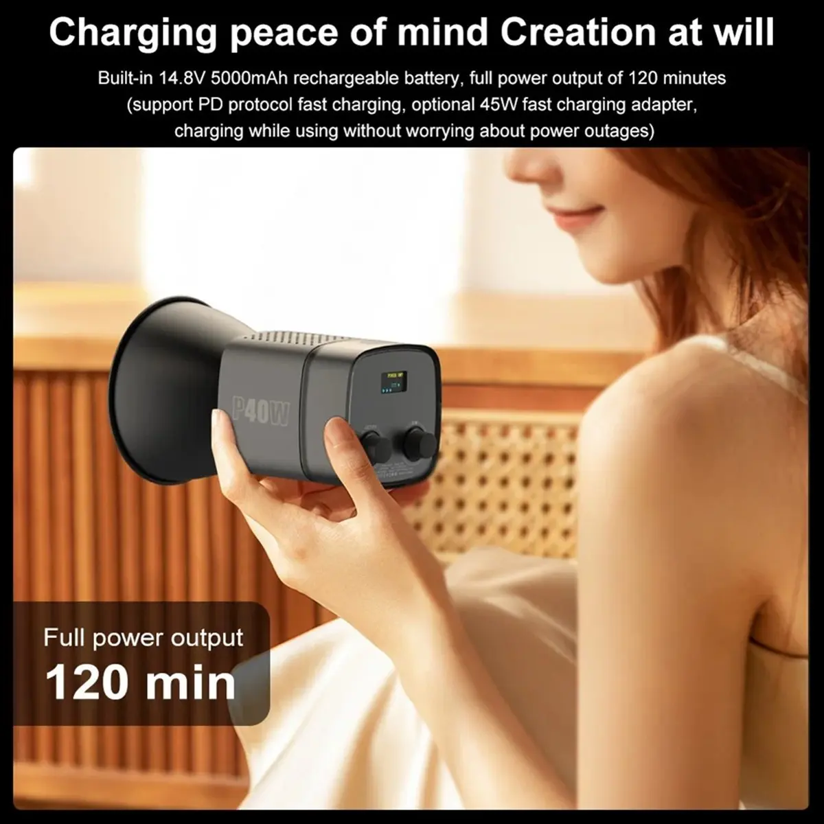 grand LED Video Light 40W Bi-Color COB Photographic Studio Light 2500K-6500K 5000mAh for Live Streaming Commercial Photography