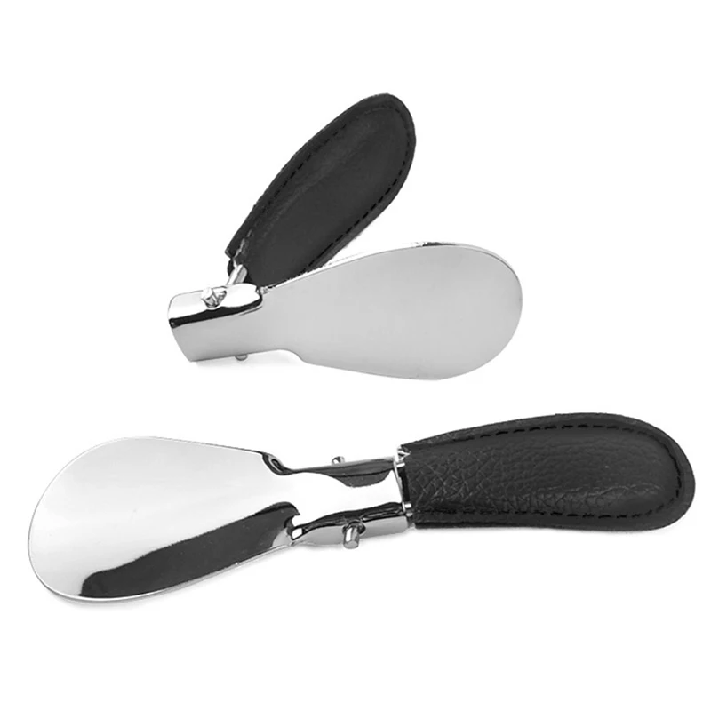 Black Folding Shoehorn Metal Durable With Stainless Steel Faux Leather Portable Fashion Shoe Horns Accessories