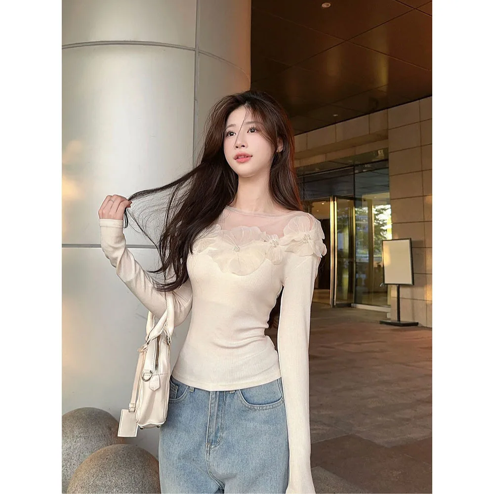 Mesh Flowers Women Sweaters Solid Slash Neck Autumn Winter Pullovers Korean Fashion Elegant Retro Sueter De Mujer