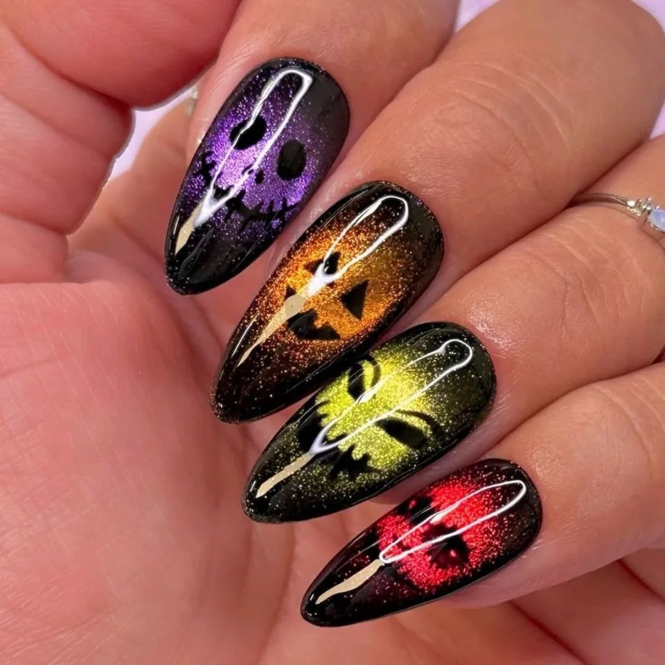 24pcs Halloween Press on Nails Green Cat's Eye Long Almond False Nails with Spider Bat Design Fake Nail Sets Detachable Manicure