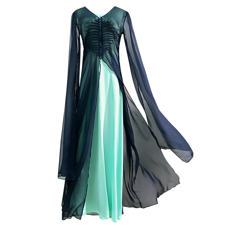 

Egyptian Goddess Dress Two-piece Green Sleeveless Dress with Yarn Cardigan Cosplay Fairy Goddess Dance Performance Costumes