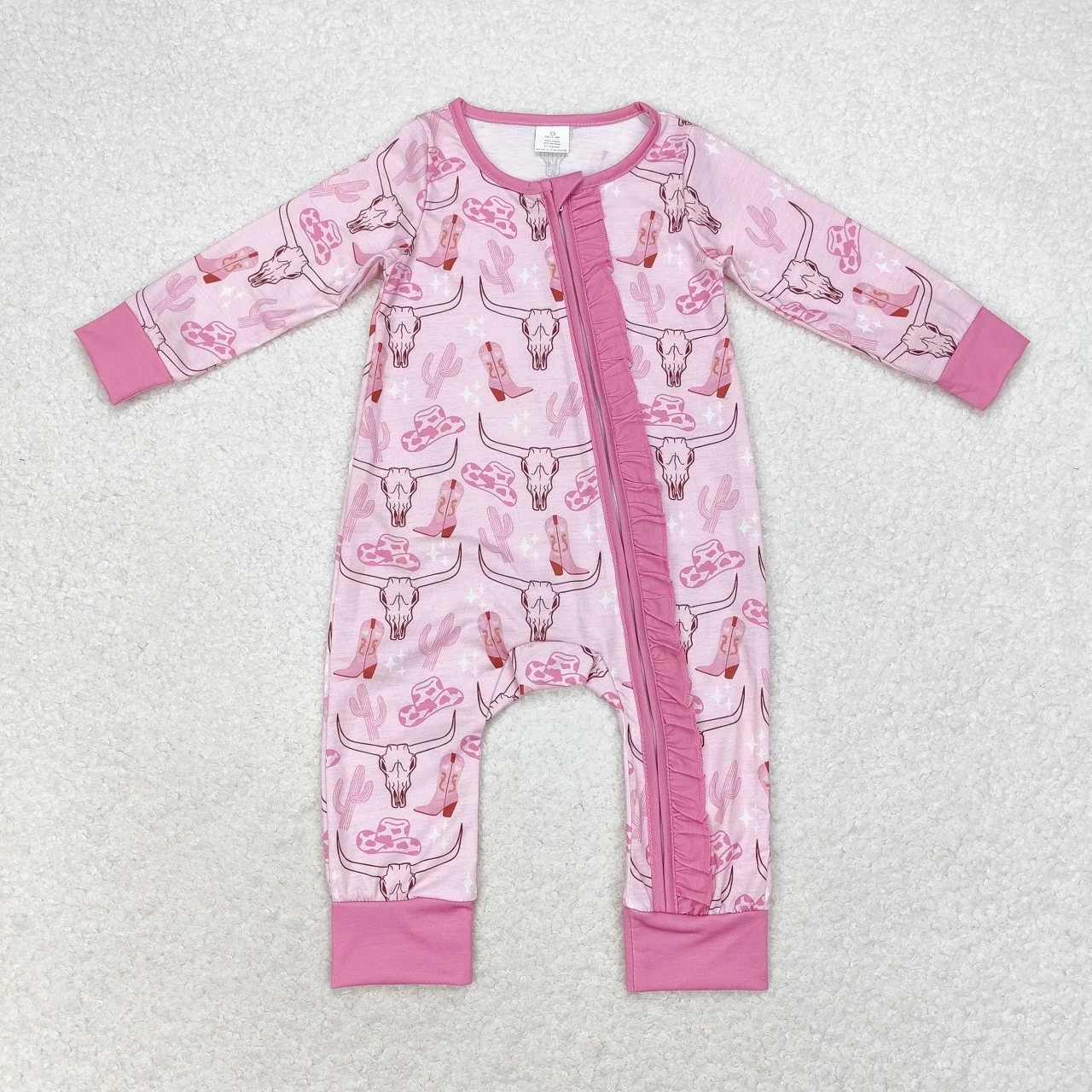 

Wholesale Newborn Kids Pink One-piece Coverall Bodysuit Zipper Long Sleeves Western Cow Cactus Jumpsuit Toddler Baby Girl Romper