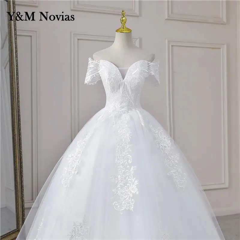 Y & m novias vestido de casamento personalizado manga boné moda elegante barco pescoço fora do ombro princesa renda bordado vestidos de baile de noiva