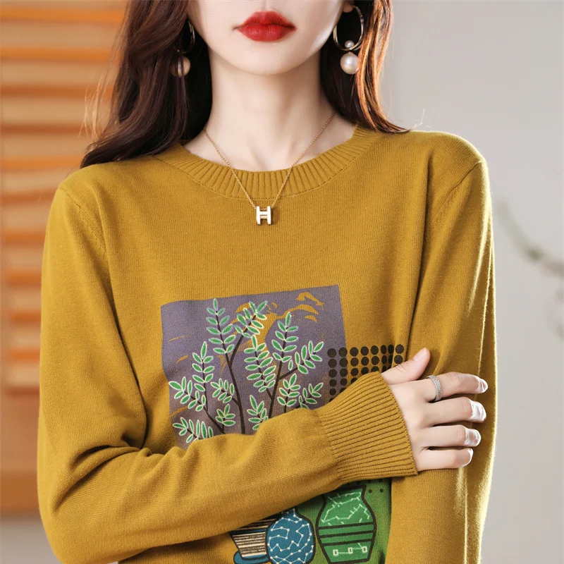 100% Cotton Knitted Sweater for Women\'s 2022 Autumn/Winter New Round Neck Long sleeved Coat Printed Sweater