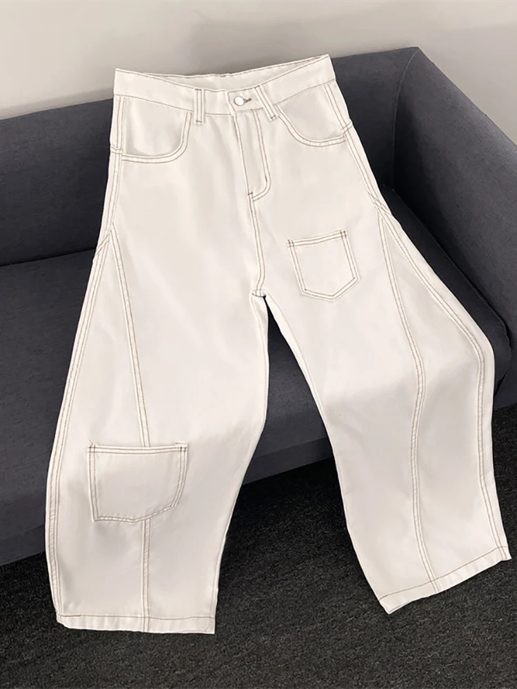 Homens branco emenda jeans bolso remendo outono calças de perna larga americano streetwear moda casual simples solto masculino calças jeans
