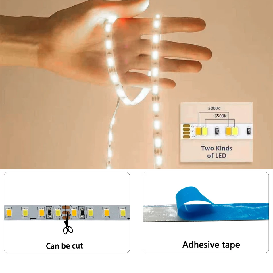 Bande lumineuse LED à intensité variable, lampe de barre CCT, DC 5V, 12V, 24V, 2835, 120, 180, 240 gible/m, 5mm, 8mm, 12mm de large, PCB flexible,