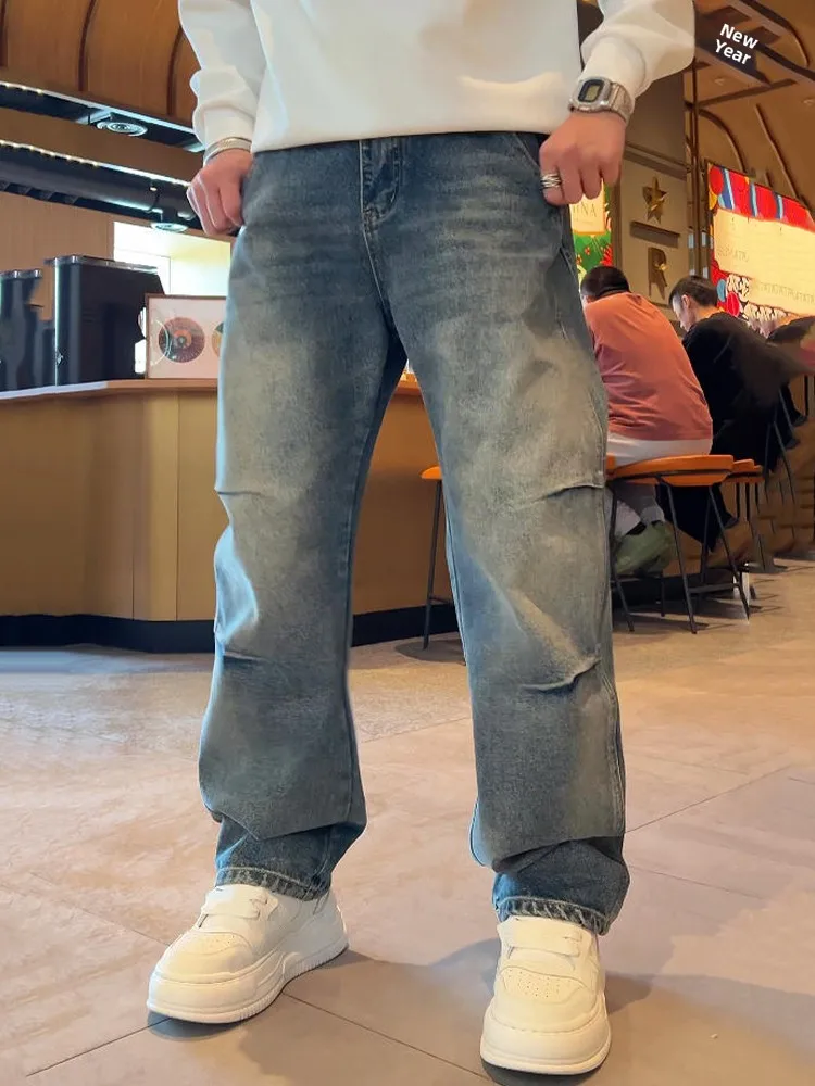 

Модные свободные мужские джинсы с эффектом потертости и плиссировкой, весна-лето, новый стиль, прямой крой, американский стиль, повседневные свободные джинсы