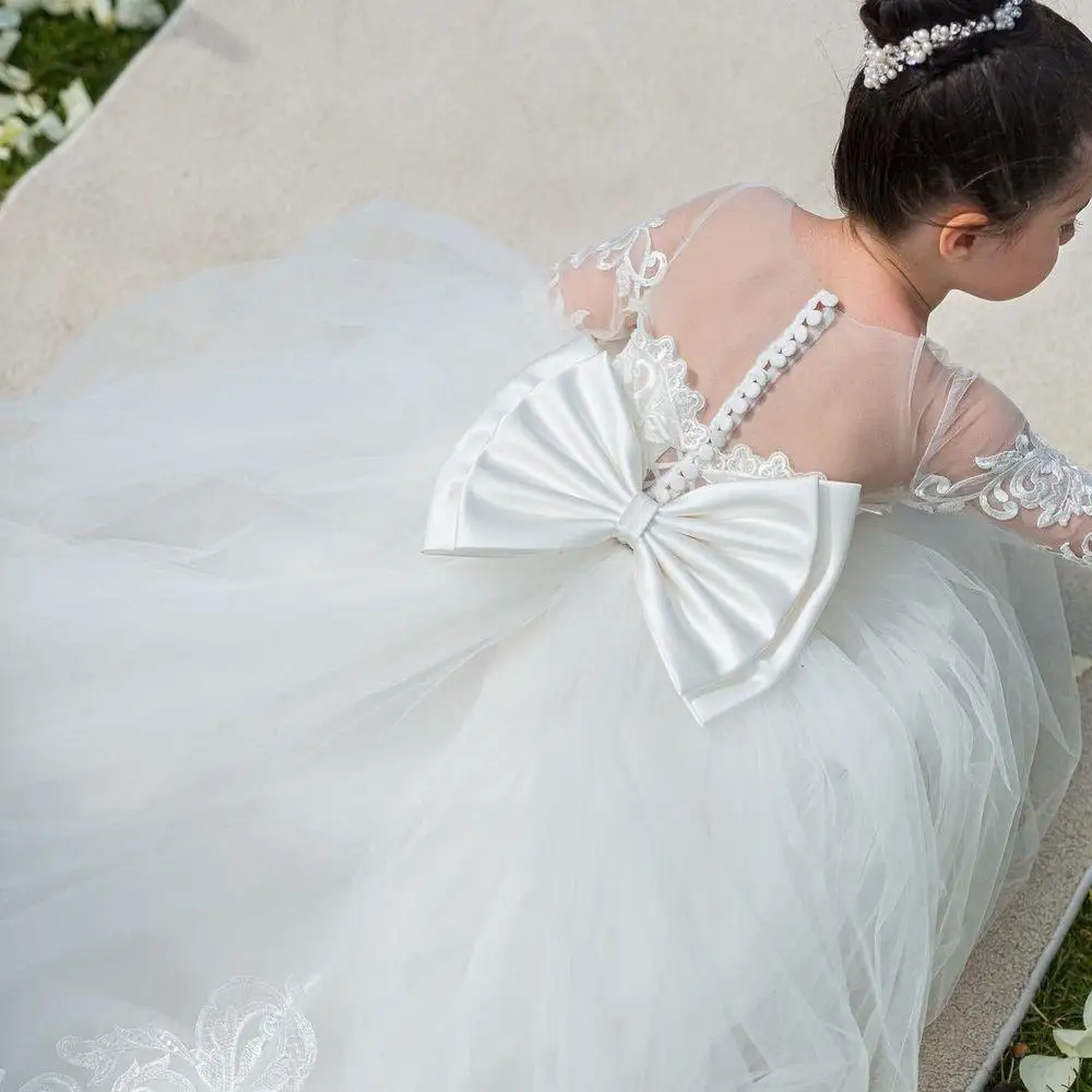 Vestido de dama de honra com grande arco para meninas, vestido de baile infantil, festa de casamento, concurso, vestido de primeira comunhão, branco, mangas compridas