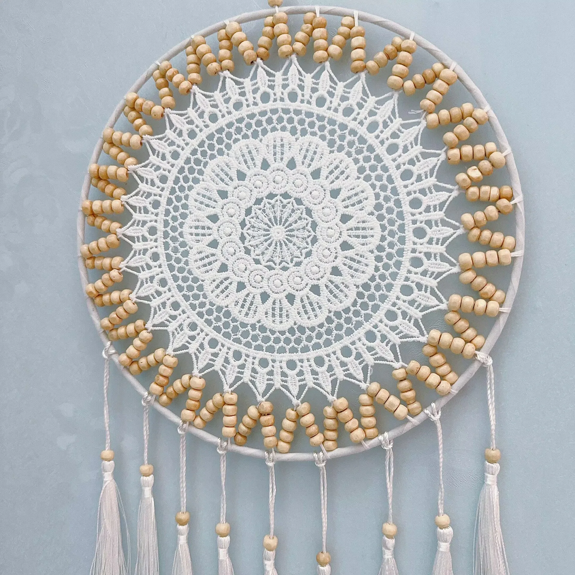 Handmade Dreamcatcher with Wooden Beads Tassel Handmade Crochet Wall Hanging Home Decor for Bedroom Wedding
