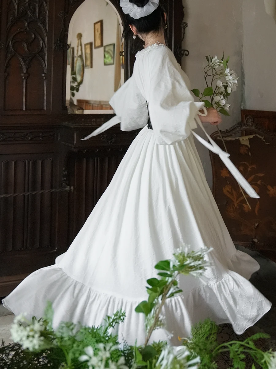 TIYIHAILEY ربيع الخريف النساء فستان كامل فانوس كم طويل ماكسي السيدات S-XL خمر عالية الخصر 2025 فستان أبيض جديد الدانتيل يصل