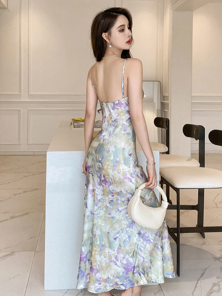 فستان طويل أنيق للإجازات للنساء مثير مطبوع بحزام زلة بدون ظهر وكشكشة ذيل السمكة رداء عطلة حفلة الشاطئ Mujer Vestidos