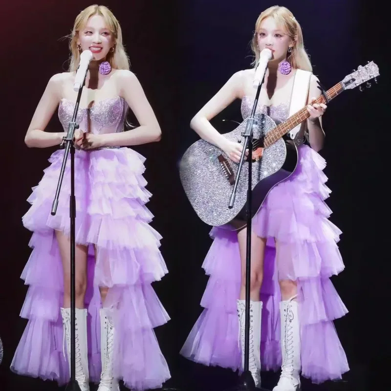 

2024 New Gidle Adult Kpop Purple Strapless Sequin Jazz Dance Skirt Set Puffy Cake Skirt Ensemble for 18-25 Years Old Women
