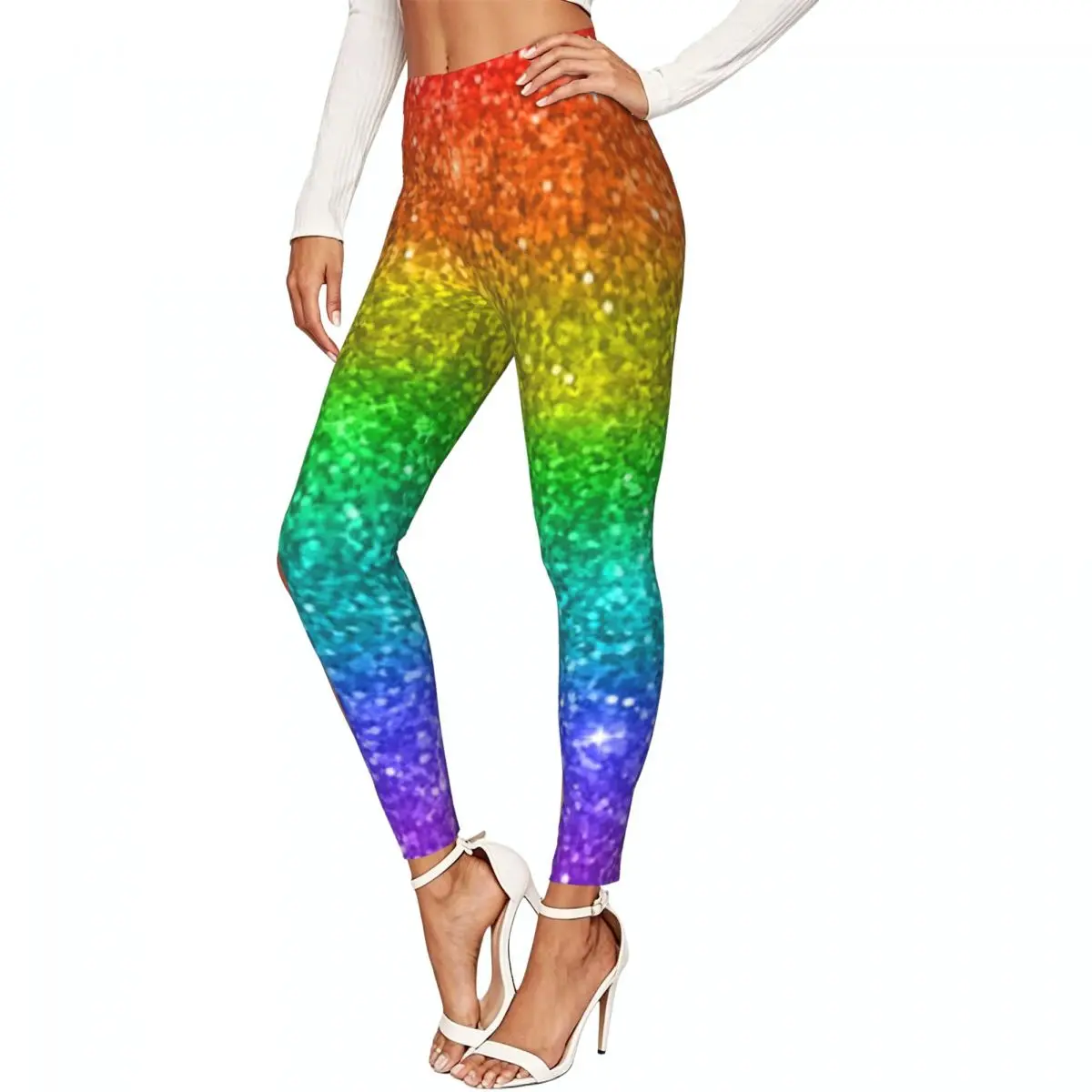 Multicolor Rainbow Glitter Women Leggings High Waisted Stretch Tights Workout Running Pants