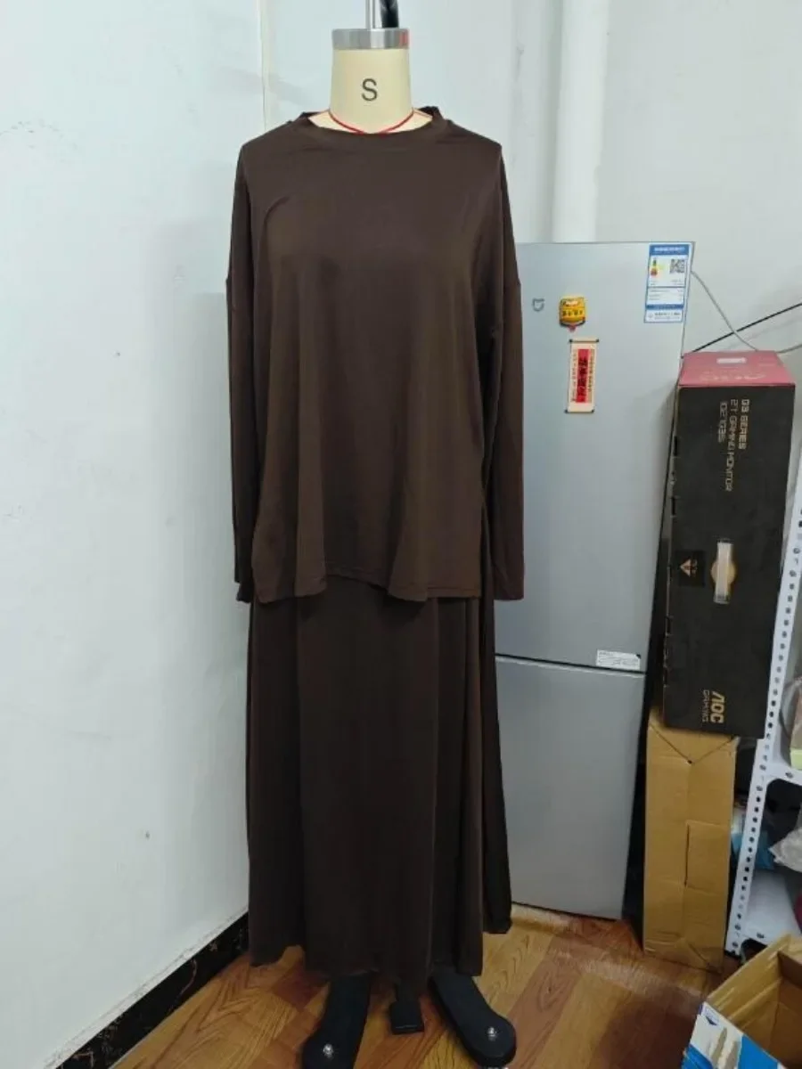 Dwuczęściowy Zestaw Muzułmański Damski Koszula Spódnica Garnitury Bez Chusty Ramadan Maroko Dubaj Abaje Islam Stroje Dżalabija Muzułmański Komplet