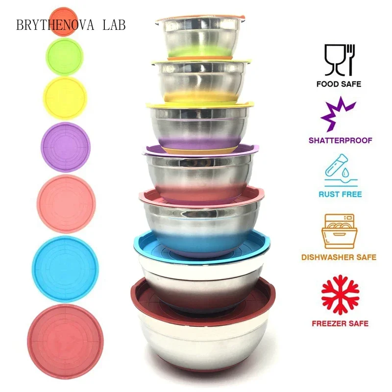 Colorful 304 Stainless Steel Salad Bowl with Lid Non-slip Silicone Bottom Kitchen Egg Mixing Bowls Set for Baking Cooking