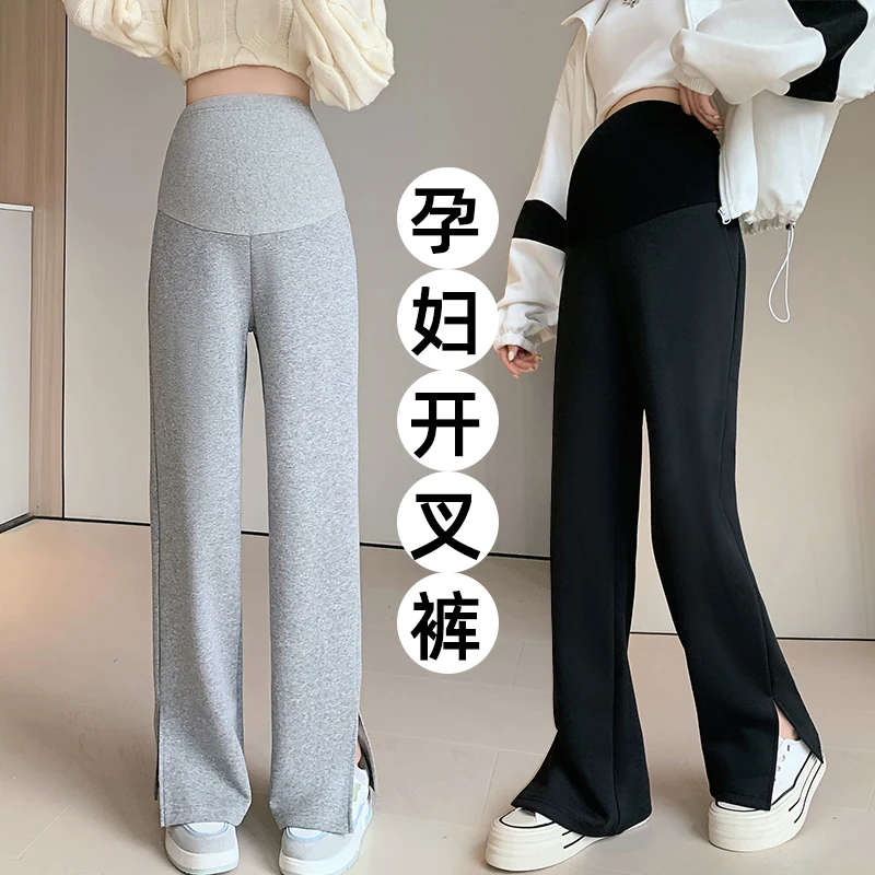 835# Autumn Casual Cotton Maternity Long Pants Side Splits Wide Leg Loose Straight Belly Clothes for Pregnant Women Pregnancy