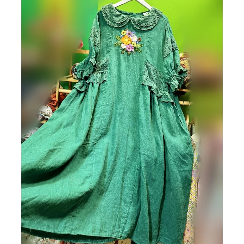 

Linen Cotton Vintage Summer Floral Embroidery Lace Loose Long Dress for Women Retro Chic Cottagecore Victorian Green Midi Dress