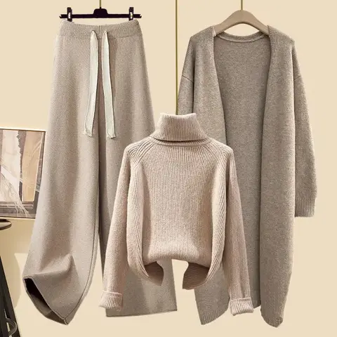 Winter Knitted Sweater Coat Loose Wide Leg Pants Three Piece Set for Women plus Size Comfortable Lazy Style Fashionable Slimming