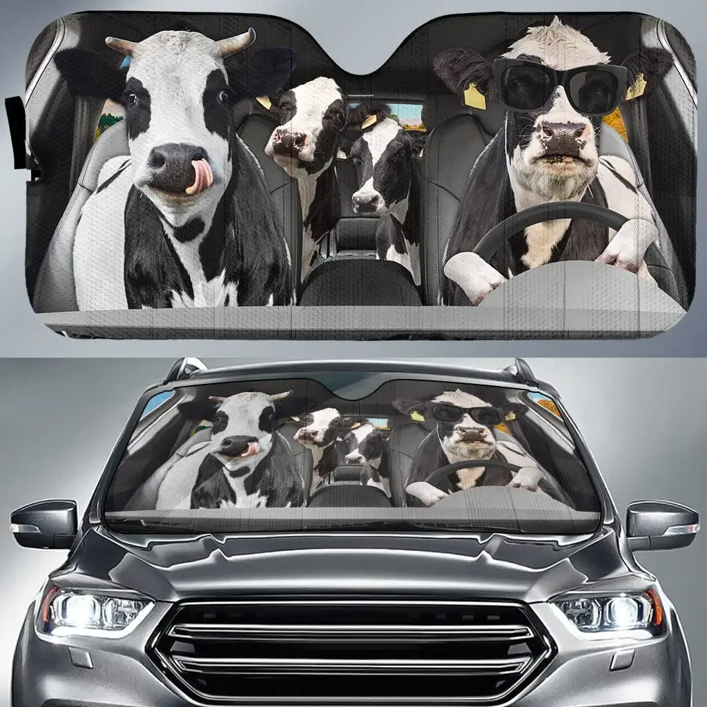 Funny Dairy Cows with Sunglasses Family Driving Car Sunshade, Cows Driving Auto Sunshade for Farmer Gift, Car Windshield Visor f