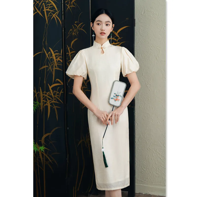 Improved New Chinese Style Lantern Sleeve Cheongsam Qi Pao Spring and Summer Jacquard Girl's