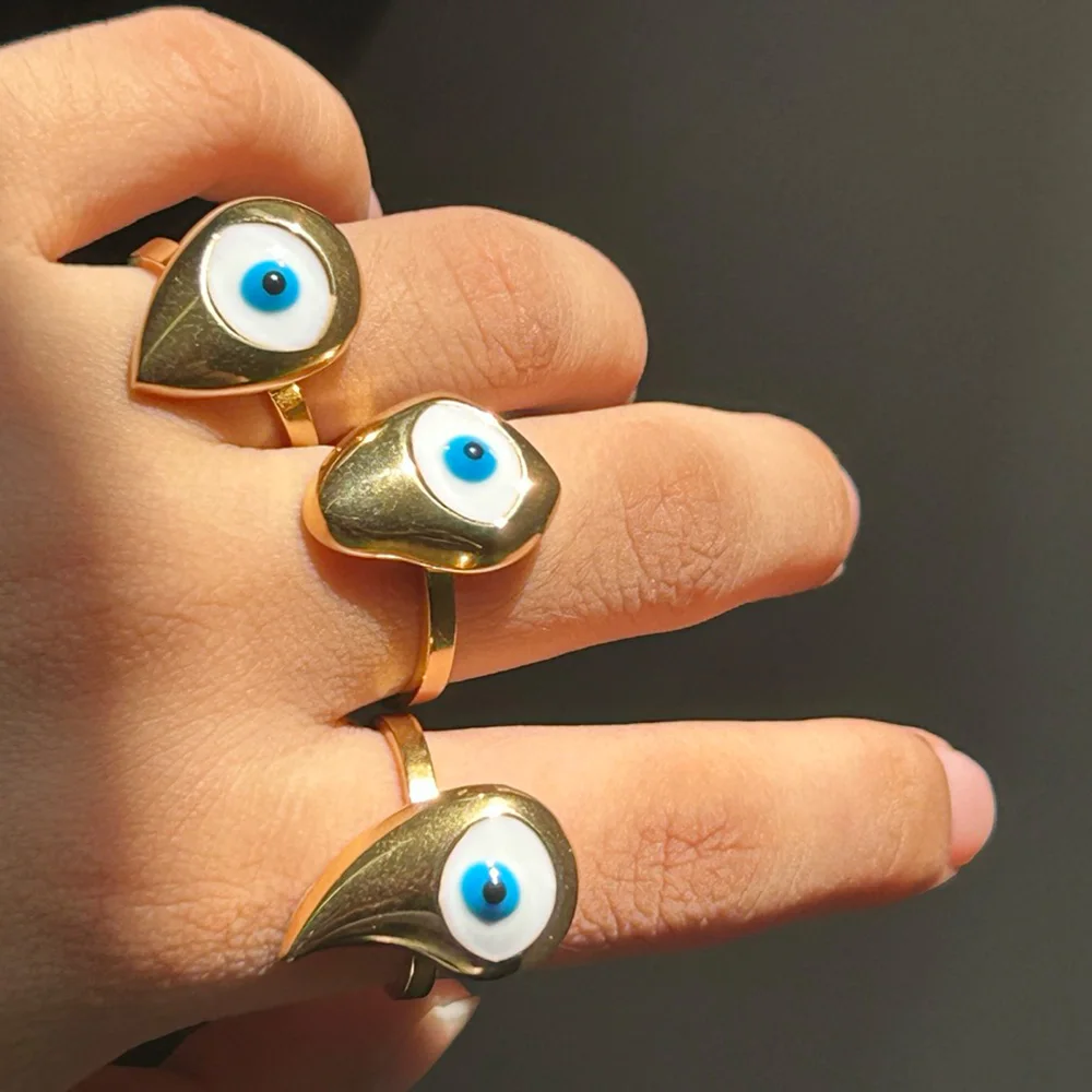 Evil Eye Rings For Women Devil's Eye Anillo Flower Anillos Lucky Turkish Ring Hamsa Fatima's Hand Bague Stainless Steel Jewelry