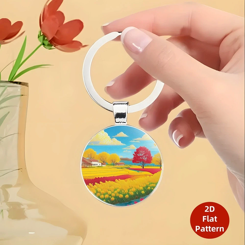 Fashion New Countryside Scenery Glass Time Gem Keychain Men Car Keyring Women Bag Key Ring Wedding Trinket Boy Gift K192