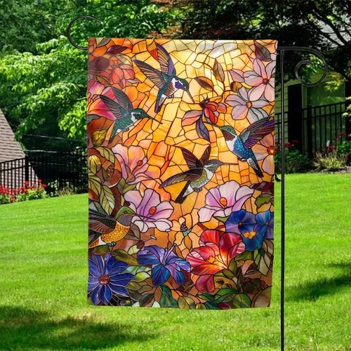 Stained Glass Hummingbird Garden Flag Floral Spring Summer Yard Decor ZZY