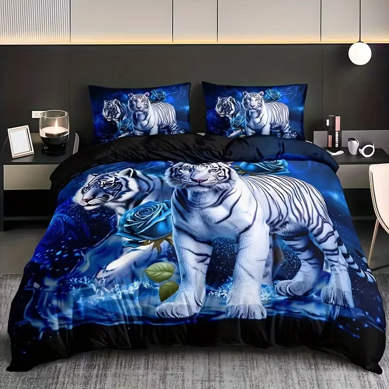 

3pcs Tiger Animal Blue Rose Duvet Cover Set or Home Dorm Bedding Floral Animal Easy Care Complete Bedding Gift Idea